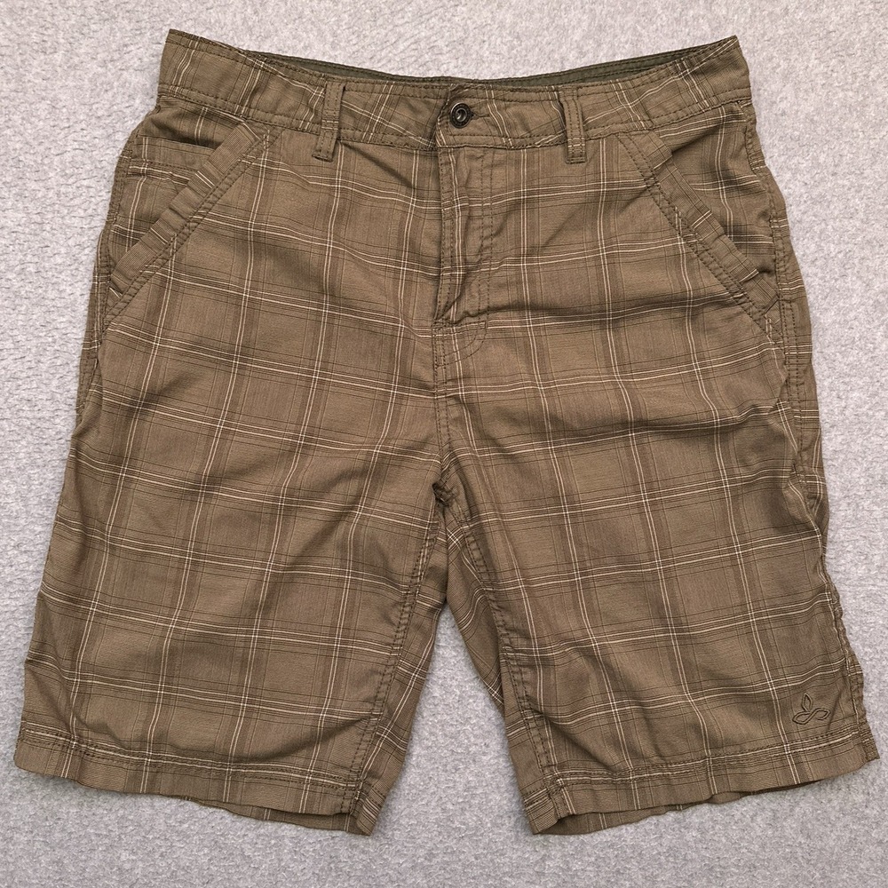 prAna Furrow Shorts Mens 32 Brown Plaid 10" Inseam‎ Hiking Outdoors Stretch